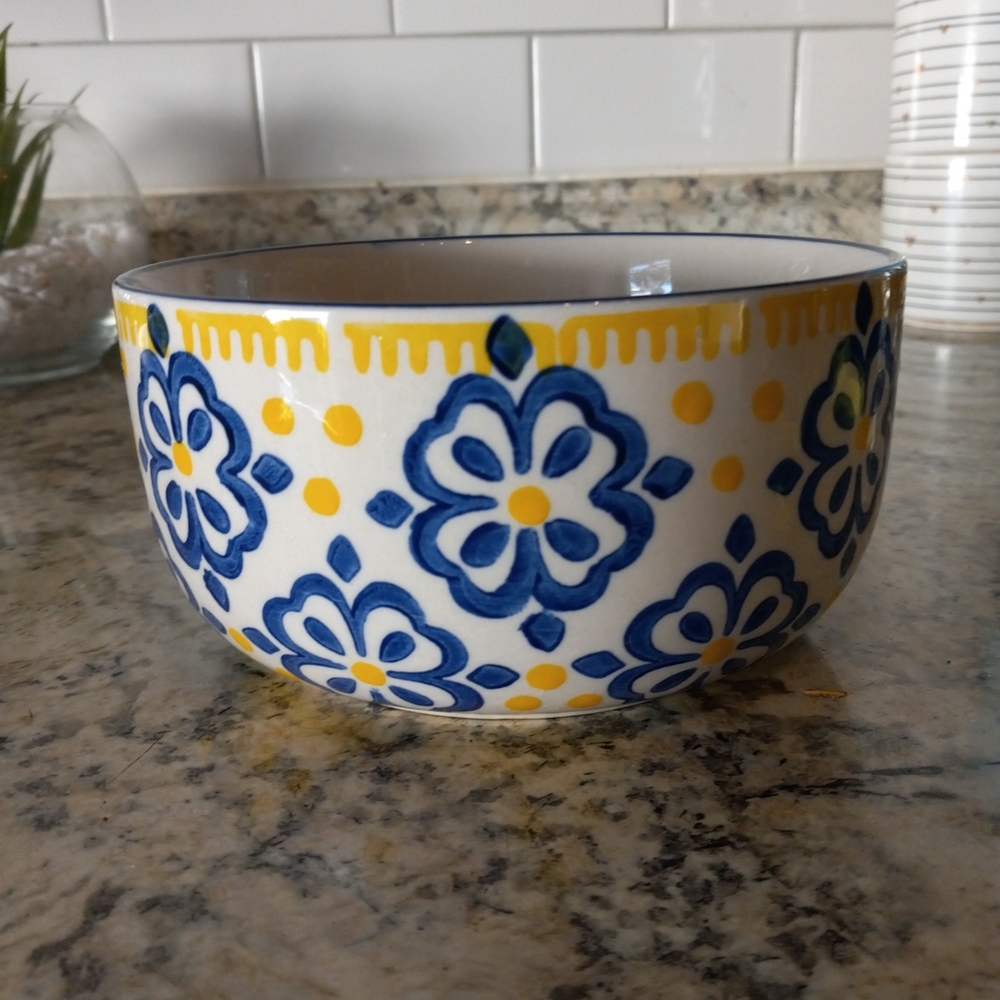 Signature Houseware Bowl Blue and Yellow Floral Ceramic Bowl Hand Painted
